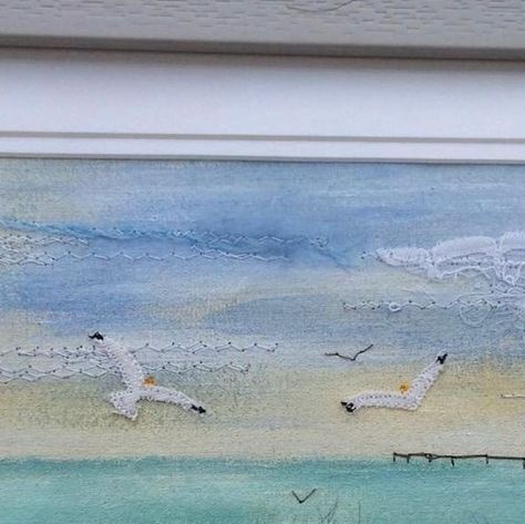 @summerhousesewing on Instagram: "I made this seascape six years ago with paint and machine embroidery painting the canvas first with paint pot samples and then adding fabric. Now, I still love paint and stitch with hand embroidery. Its good to look back sometimes to help move forward x Happy Friday everyone x" Embroidered Painting, Embroidery Painting, Happy Friday Everyone, Painted Pots, Move Forward, Love Painting, Happy Friday, Looking Back, Hand Embroidery