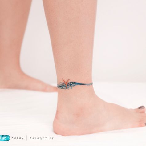 Ocean Tattoos Ankle, Ocean Bracelet Tattoo, Ankle Cuff Tattoo, Beachy Tattoos, Daisy Flower Tattoos, Starfish Tattoo, Splash Watercolor, Cuff Tattoo, Ankle Tattoo Designs