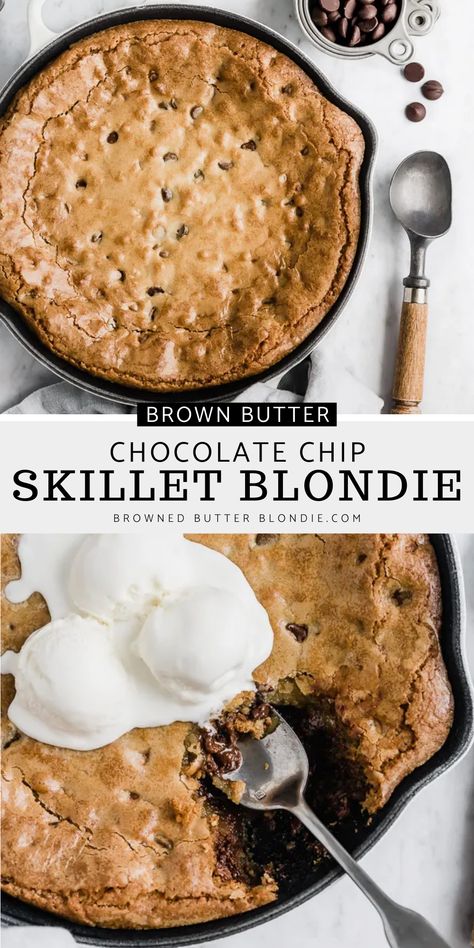 A ridiculously delicious ooey gooey brown butter chocolate chip skillet blondie made with one bowl, a handful of simple ingredients, and just twenty minutes of oven time. The perfect dessert to share with friends. Skip the plates, grab some spoons and dig in! Skillet Dessert, Dessert Skillet, Skillet Blondie, Skillet Blondie For 2, Gooey Skillet Brownie, Brown Butter Skillet Cookie, Skillet Brookie, Small Skillet Chocolate Chip Cookie, Cast Iron Skillet Choc Chip Cookie