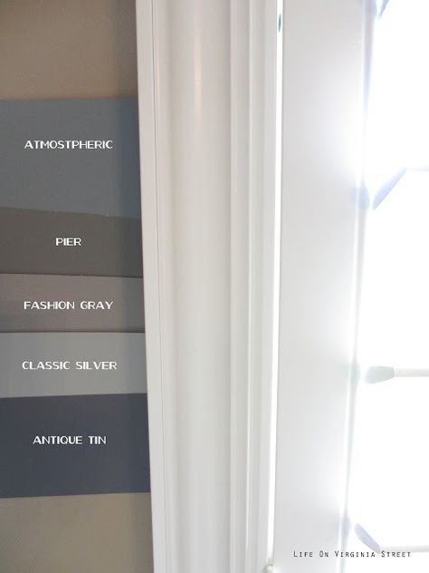 Behr Atmospheric, Behr Pier, Behr Fashion Gray, Behr Classic Silver, Behr Antique Tin Fashion Grey Behr Paint, Behr Antique Tin, Behr Fashion Gray, Behr Classic Silver, Behr Neutral Paint, Paint Colors For Bedroom, Colors For Bedroom, Life On Virginia Street, White Shutters