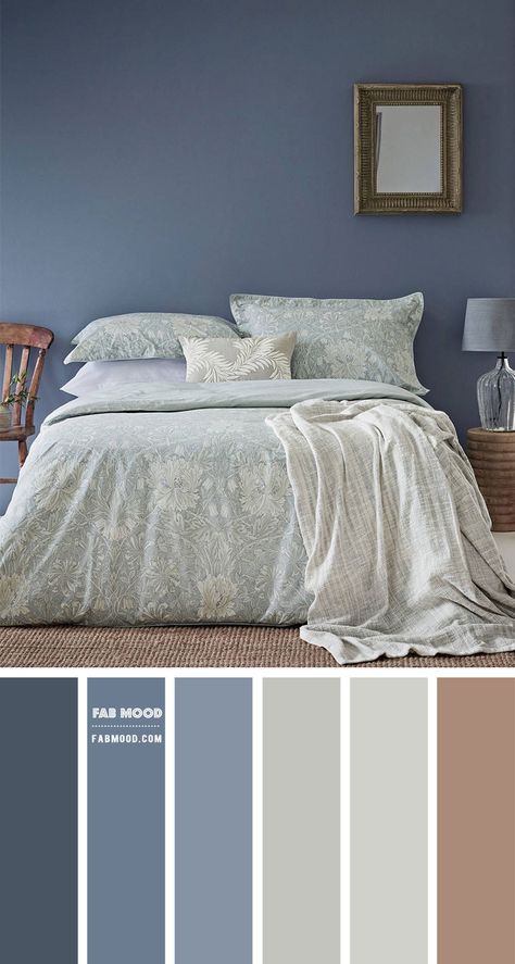 A beautiful calm and soothing bedroom. This calming and soothing interior bedroom trend has a gorgeous colour palette of blue grey combines with light... Blue Grey Combination, Denim Blue Bedroom Walls, Grey Wall Colour Combinations, Light Blue Bedroom Walls Colour Schemes Color Combinations, Grey And Light Blue Bedroom Ideas, Themed Bedroom Ideas For Adults, Light Brown Wall Paint, Light Blue Walls Bedroom, Dusty Blue Bedroom