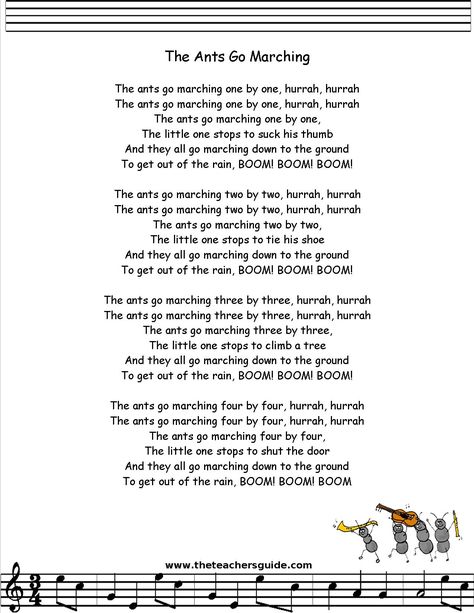 ants go marching lyrics printout The Ants Go Marching Song, The Ants Go Marching One By One Lyrics, Movement Songs For Toddlers, Ants Go Marching Song, Farm Storytime, Daycare Songs, The Ants Go Marching, Ants Go Marching, Bedtime Songs