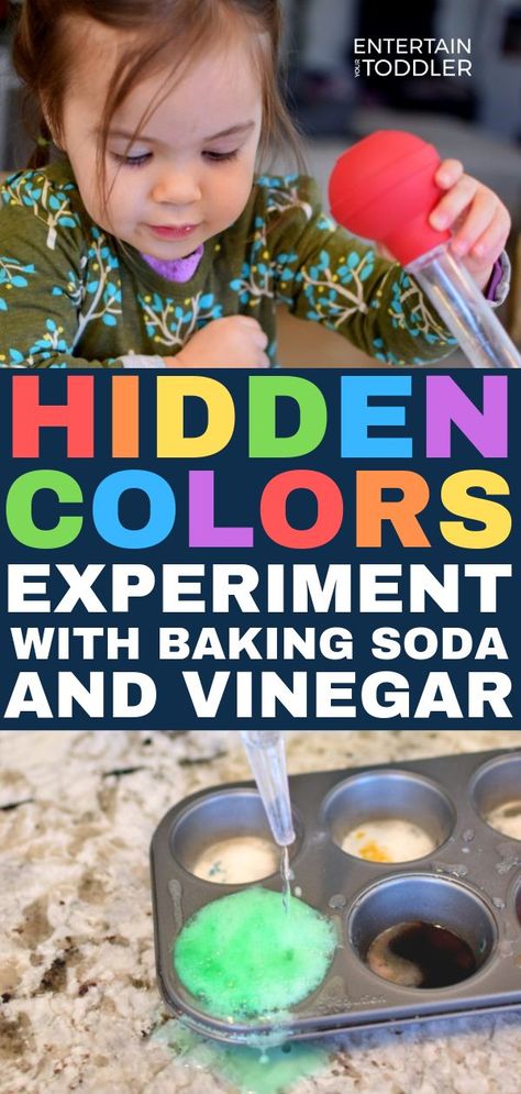 Super fun and easy color experiment for toddlers using the magical powers of vinegar and baking soda! Baking Soda Vinegar Experiment, Baking Soda Experiments, Baking With Toddlers, Color Experiment, Vinegar And Baking Soda, Colors For Toddlers, Science For Toddlers, Indoor Activities For Toddlers, Baking Soda Vinegar