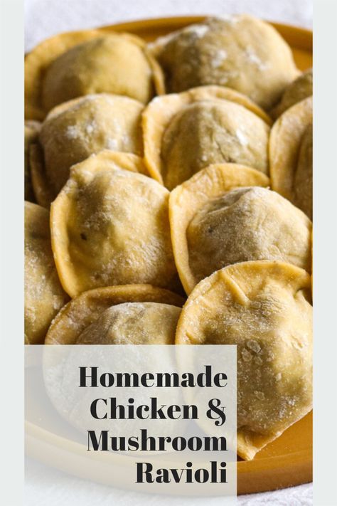 Homemade Chicken Ravioli, Chicken Stuffed Ravioli, Non Dairy Ravioli Filling, Chicken Mushroom Ravioli Recipe, Chicken Ravioli Recipe Homemade, Chicken Mushroom Ravioli, Dairy Free Ravioli Filling, Chicken Ravioli Filling, Ravioli Recipe Chicken