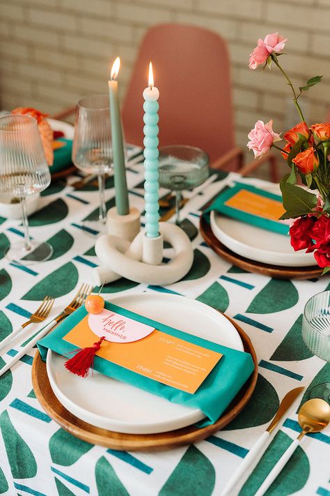 Wes Anderson Inspired Gay Wedding in Austin | 100 Layer Cake Colorful Wedding Place Settings, Wes Anderson Wedding Inspiration, Wes Anderson Decor, Wes Anderson Design, Wes Anderson Color Palette, Wilderness Wedding, Slim Aaron, Maximalist Wedding, Wes Anderson Wedding