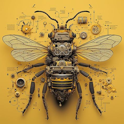 Futuristic Steampunk Aesthetic, Robotic Insects, Steampunk Insects, Futuristic Nature, Bee Anatomy, Steampunk Bee, Bee Aesthetic, Twitter Wallpaper, Sci Fi Aesthetic