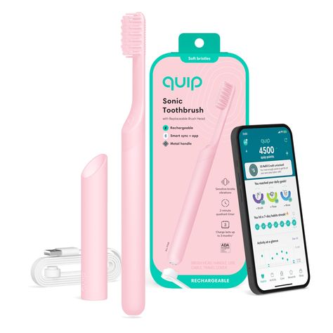 PRICES MAY VARY. Modern, Rechargeable Electric Toothbrush, 100% recyclable paper packaging Up to a 3-month charge, magnetic USB charging cable 2-minute timer, 30-second pulses for better brushing habits American Dental Association-Accepted, Helps remove plaque, prevent & reduce gingivitis Sensitive sonic vibrations Recharge your routine, get rewarded. The Quip Smart Rechargeable Electric Toothbrush Starter Kit earns you amazing rewards (like free products, gift cards, and more) as you track and coach better oral health habits with the free Quip app. It has a Bluetooth Smart Motor, up to a 3-month charge, and the same timed sonic vibrations as our original ADA-Accepted brush. Pink Toothbrush, Quip Toothbrush, College Wishlist, Sonicare Toothbrush, Room Checklist, American Dental Association, Tongue Scraper, Sonic Electric Toothbrush, Sonic Electric