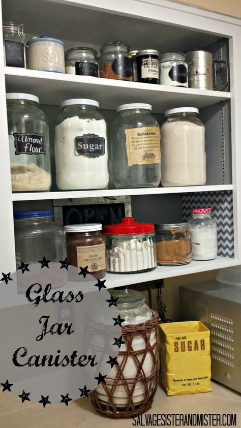 Turn a free jar into a glass jar canister. Quick and simple. Recycle Pickle Jars Ideas, Big Pickle Jar Crafts, Pickle Jars Repurposed, Kitchen Pantry Room, Pickle Jar Crafts, Reuse Glass Jars, Repurposed Jars, Baking Cabinet, Mason Jar Shelf