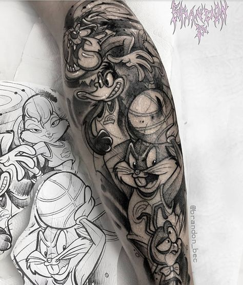 Cartoon Sleeve Tattoos For Guys, Monstars Space Jam Tattoo, Space Jam Tattoo Design, Cartoon Leg Sleeve Tattoo, Space Jam Tattoo, Cartoon Tattoos Sleeve, Cartoon Art Tattoo, Bugs Bunny Tattoo, Looney Tunes Tattoo