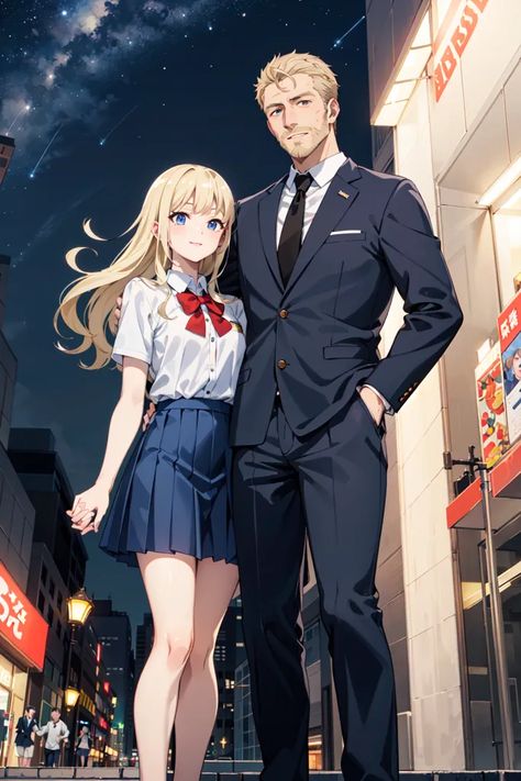 The image shows a man and a woman standing together in a city street at night. The man is tall and handsome, with short blond hair and blue eyes. He is wearing a dark suit and tie. The woman is shorter and more petite, with long blond hair and blue eyes. She is wearing a white blouse, a blue skirt, and a red bow tie. They are standing close to each other. The man has his hand around the woman's waist, and the woman is holding the man's hand. They are both smiling happily. In the background, there is a city street with people walking around. There are also buildings and restaurants in the background. The sky is dark and there are stars in the sky. Couple In City, Street With People, City Street At Night, Short Blond Hair, Street At Night, Dark Suit, Long Blond, Red Bow Tie, Male Hands