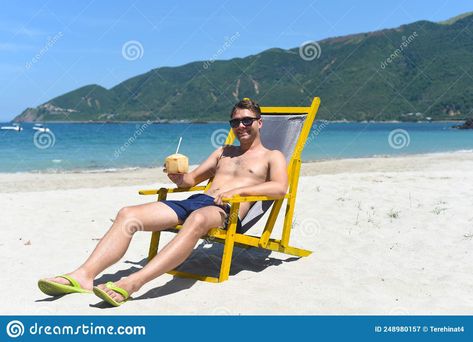 Young Happy Man Drinks Coconut Juice Sitting on Deck Chair on a South China Sea Beach in Vietnam Stock Image - Image of caucasian, juice: 248980157 Beach Pose Reference, Cloud Watching, Coconut Juice, Man Chair, Sitting Pose, Chair Pose, Beach Drinks, Happy Man, Pool Chairs