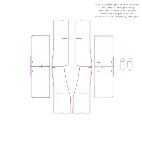 Kimono pattern - kyoshi.  Note that both the back and left front will need to be longer. Kimono Pattern Sewing, How To Make Kimono, Kikyo Cosplay, Kimono Pattern Free, Kimono Jacket Sewing Pattern, Kimono Jacket Pattern, Kimono Sewing, Easy Sewing Patterns Free, Kimono Sewing Pattern