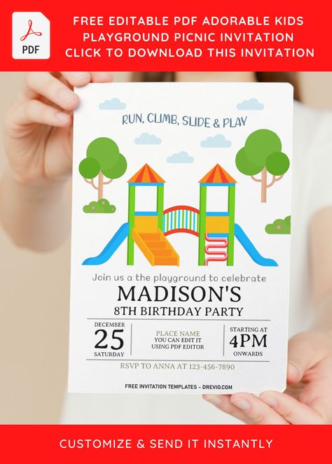 Playground Birthday Party Invitations, Playground Party Invitations, Party At The Park, Playground Party, Picnic Invitations, Grand Opening Invitations, Birthday Party At Park, Birthday Party Invitations Free, Room Parent