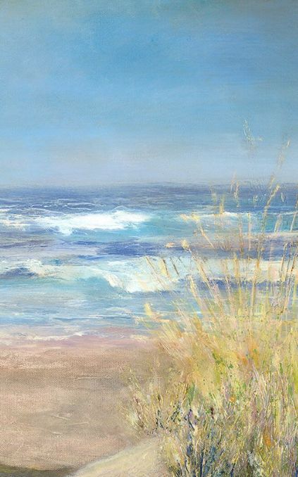 Serene, soft beach ocean painting wall decor art for beach house interiors Paint On Canvas For Beginners, Ocean Landscape Painting, Beach Scene Painting, Seascapes Art, Beach Art Painting, Canvas Art Ideas, Beach Paintings, Large Canvas Painting, Canvas For Beginners