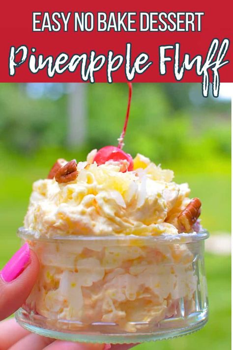 This easy Pineapple Fluff recipe is a no-bake tropical dessert. It comes together in just minutes and is the perfect side dish or dessert. Plus it tastes amazing! No Bake Pineapple Mousse Cheesecake, Cool Whip Pineapple Dessert, Pineapple Crush Dessert, Hawaiian Delight Dessert, Luau Desserts Easy, Pineapple Side Dish Recipes, Pineapple No Bake Dessert, Recipes Using Crushed Pineapple, Pineapple Desert Ideas