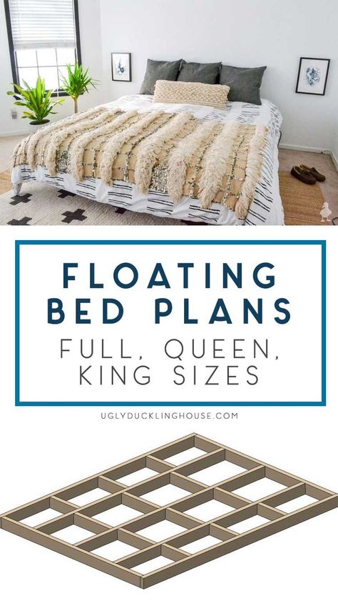 diy floating bed plans - FULL, QUEEN, KING sizes now available #buildplans #diy #woodworking #diyfurniture #moderndesign #bedroom #buildabed #diybed #floatingbed Floating Bed Plans, Diy Floating Bed, Floating Bed Diy, Floating Platform Bed, Platform Bed Queen, Bed Frame Plans, Murphy Bed Ikea, Floating Bed Frame, Diy Platform Bed