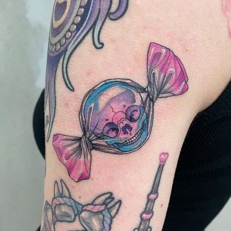 Candy Sleeve Tattoo, Candy Gore Tattoo, Candy Tattoo Design, Cute Skull Tattoos, Skull Candy Tattoo, Sweets Tattoo, Spooky Inspiration, Candy Skull Tattoo, Candy Tattoo