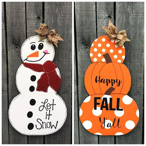 Wooden Reversible Pumpkin/Snowman Door Hanger Tableware Ideas, Pumpkin Snowmen, Snowman Door Hanger, Wooden Snowmen, Home Organization Ideas, Snowman Door, Snowman Sign, Halloween Wood Crafts, Wooden Snowman