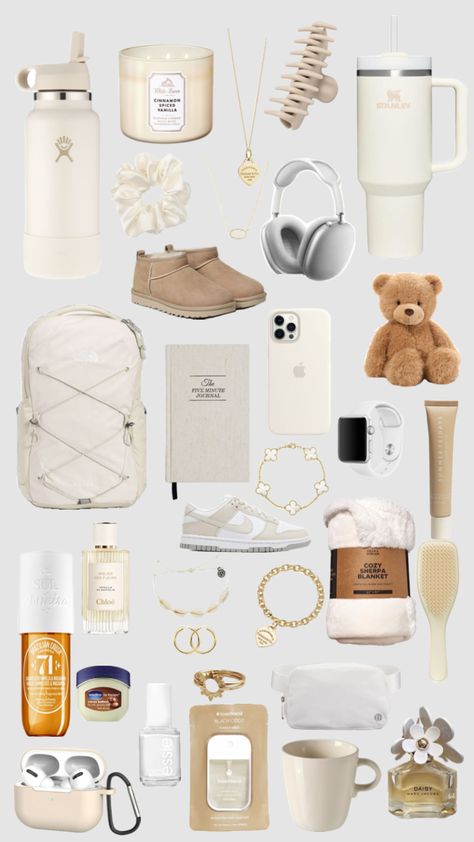 vanilla girl essentials/aesthetic 🧸🤍 Girl Essentials Aesthetic, Girl School Essentials, Vanilla Girl Essentials, Teen Christmas Wishlist, Xmas List Ideas, Girl School Supplies, Girly Christmas Gifts, Aesthetic Shuffles, Girl Essentials