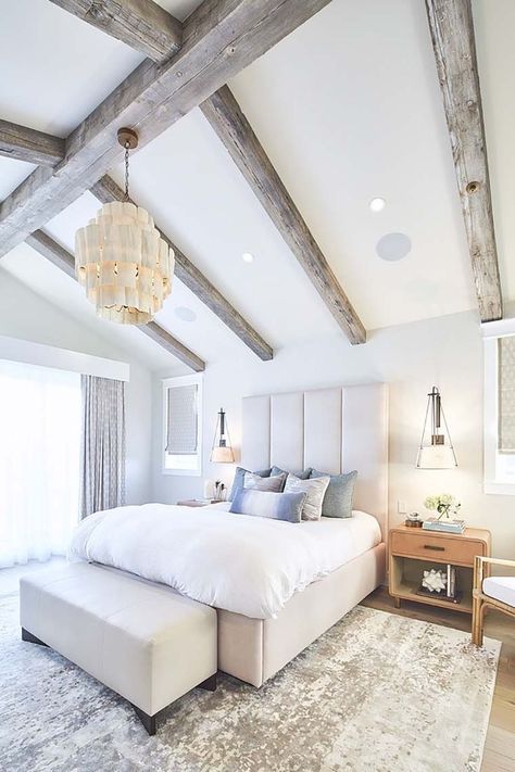 Magnificent modern farmhouse style interiors in Manhattan Beach Grey Bedrooms, Vaulted Ceiling Beams, Grey Bedroom Paint, Vaulted Ceiling Bedroom, Wooden Beam, Vaulted Ceiling Living Room, Interior Design Minimalist, White Bed, Dunn Edwards