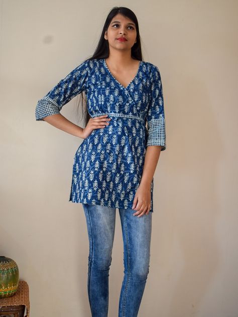 Indian Kurti Designs, Angrakha Style, Indian Kurti, Block Printing, Kurta Designs, Kurti Designs, Tunics, Tunic Tops, Ruffle Blouse