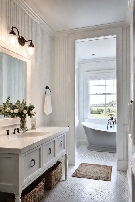 Bathroom White Beadboard, White Beadboard Walls, Bathroom Beadboard Ideas, Farmhouse Master Bath, Farmhouse Bathroom Inspiration, Beadboard Walls, Small White Bathrooms, Farmhouse Bathroom Mirrors, Beadboard Bathroom