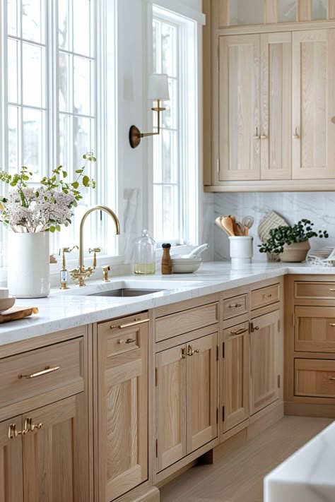 Ikea White Oak Kitchen, Oak Island With White Cabinets, Blond Kitchen Cabinets, Light Wood Tone Kitchen Cabinets, Not White Cabinets Kitchen, Cream Aesthetic Kitchen, White Oak Cabinets White Countertops, Light Wood Kitchen Cabinets With White Countertops, Natural Wood Kitchen Cabinets With Gold Hardware