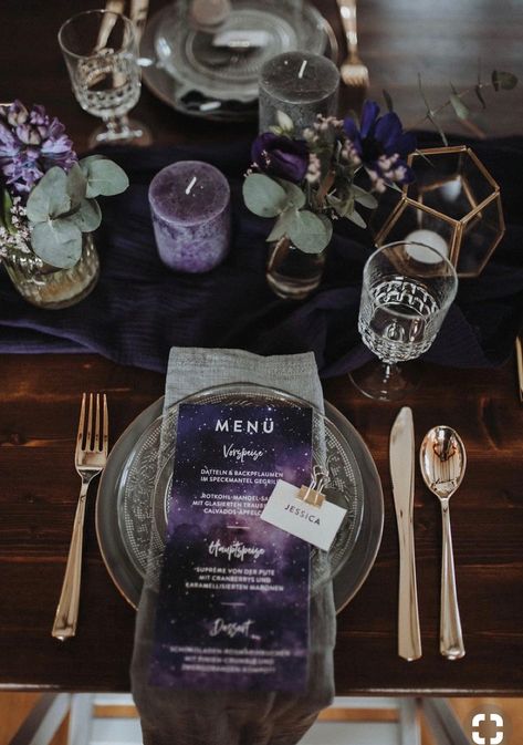 Dark Purple Wedding, Galaxy Wedding, Starry Night Wedding, Violet Wedding, Purple Table, Celestial Wedding, Dark Wedding, Wedding Officiant, Wedding Table Settings