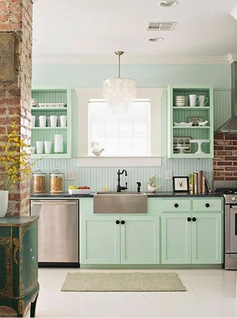 20 Lovely Peach and Mint Interior Designs Pastel Interior Design, Mint Green Kitchen, Mint Kitchen, Diy Kitchens, Pastel Interior, Fresh Kitchen, Decor Ikea, Style At Home, Green Kitchen