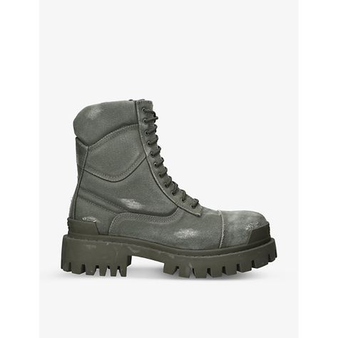 Shop or share your style of the product on ModeSens! Balenciaga is always crafting pieces that make us stand to attention. None more so than the Combat Strike boots. This sturdy, utilitarian pair is just as ready for obstacle courses as it is for Paris Fashion Week. Carefully cut from canvas, they’re treated to a faded wash and see a rubber embossed iteration of the label’s signature typography logo stamped at the toe. Don yours to always be ready for action wherever you may be.| Balenciaga c... Balenciaga Boots, Obstacle Courses, Balenciaga Men, Round Toe Shoes, Balenciaga Mens, Mens Khakis, Chunky Boots, Typography Logo, Gothic Fashion