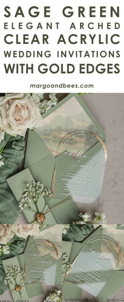 When it comes to announcing your wedding, every detail matters. Our Sage Green Elegant Arched Clear Acrylic Wedding Invitations with Gold Edges are designed to make a lasting impression, blending timeless elegance with modern design elements. A Sophisticated Sage Green Theme The soothing and sophisticated sage green color sets the tone for your wedding, evoking a sense of tranquility and refinement. This elegant hue is seamlessly integrated into the design of our wedding invitations, creating a Sage Green And Khaki Wedding, Sage And Gold Wedding Invitations, Sage Green Wedding Mood Board, Sage White And Gold Wedding, Green And Gold Wedding Invites, Champagne And Sage Green Wedding, Green Wedding Beach, Sage Green And Beige Wedding, Sage Green And Ivory Wedding