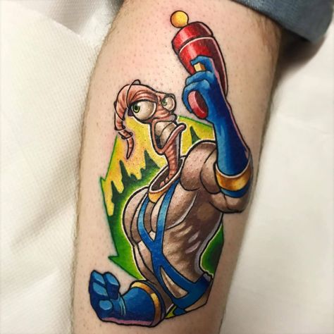 Video Game Tattoos, 90s Tattoos, Earthworm Jim, Video Game Tattoo, Sick Tattoo, Gaming Tattoo, Leg Tattoo, Earthworms, Leg Sleeves