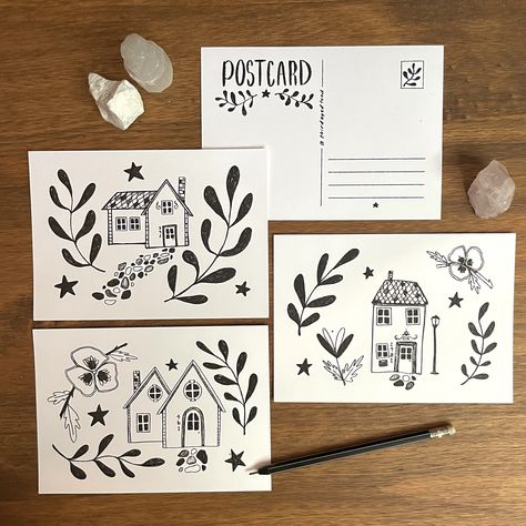 This postcard set features unique hand drawn, printed black and white artwork.  Each card is 5 x 7 inches. Simply place a stamp and write your message and it's ready to be sent in the mail! Can be framed or hung beautifully as wall art. These postcards are printed on heavy cardstock paper.  All postcard orders are packed with care and shipped with tracking via USPS. Hand Drawn Postcards, Homemade Postcards, Linocut Postcard, Modern Postcard Design, Card Postal, Jul Diy, Diy Postcard, Unique Postcards, Lino Printing