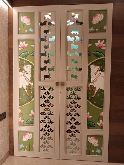 Pichwai Pooja Room Door, Puja Temple For Home, Pooja Room Painting Ideas, Mandir Wall Painting, Pooja Room Wall Designs, Pooja Mandir With Doors, Puja Room Ideas, Mandir Door Design, Puja Door