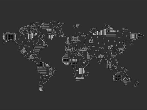 World Map Design, Infographic Map, Famous Landmarks, Map Design, Global Community, Creative Professional, World Map, Map, Movie Posters