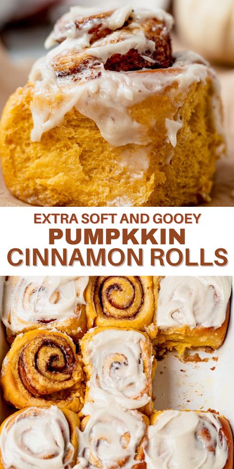 These soft and gooey pumpkin cinnamon rolls are full of cozy spices and topped with a maple cream cheese frosting. The dough is so extra soft and the pumpkin spice swirled inside makes them the best cinnamon rolls for fall. Chip Dips, Pumpkin Rolls Recipe, Thanksgiving Breakfast, Pumpkin Dishes, Pumpkin Cinnamon Rolls, Pumpkin Recipes Dessert, Cinnamon Rolls Homemade, Oreo Dessert, No Knead