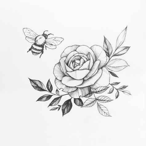 Bee And Rose Tattoo, Rose With Bee Tattoo, Bee With Roses Tattoo, Flower Bouquet With Bee Tattoo, Bumble Bee With Flower Wings Tattoo, Mandala Thigh Tattoo, Rose Tattoo Forearm, Mum Tattoo, Floral Tattoo Design