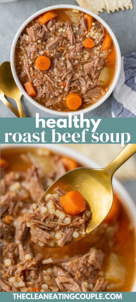 This Healthy Roast Beef Soup is cozy and delicious! An easy Pot Roast Soup Recipe with veggies that you can make in no time for dinner! Pot Roast Soup Recipes, Roast Beef Soup, Beef Pot Roast Soup, Pot Roast Soup, Roast Soup, Healthy Roast, Easy Roast Beef, Beef Soups, Couple Recipes