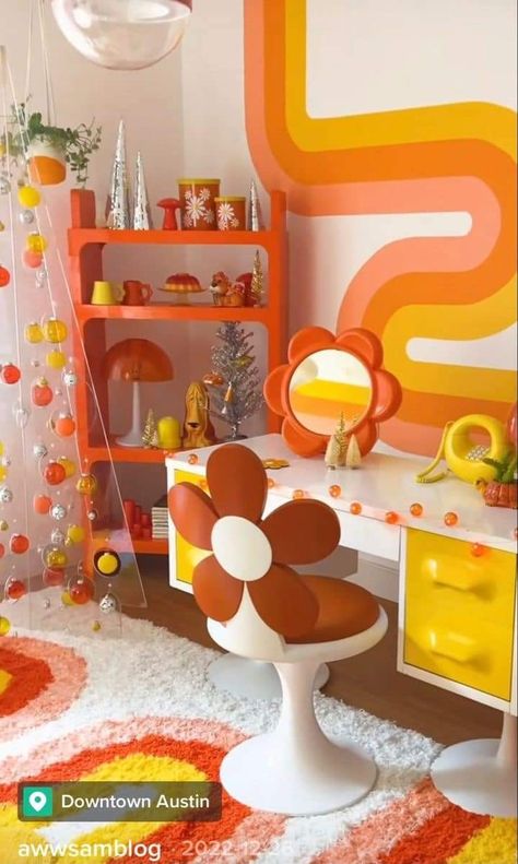 70s Groovy Room Aesthetic, Diy 60s Decor, 70s Vibe Bedroom, 70s Kids Room, 1960s Aesthetic Decor, Funky 70s Fashion, 60s Room Ideas, 1970s Home Aesthetic, Deco Annee 50 Vintage