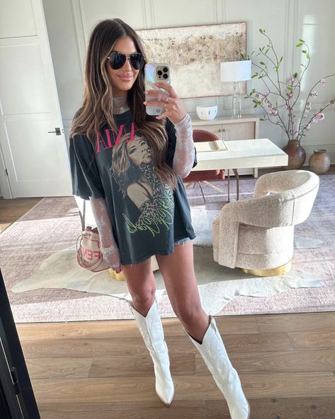 Graphic Tshirt Dress Outfit Western, Country Concert Outfit Tshirt Dress, Graphic Tee And Boots Outfit, Tshirt Country Concert Outfit, Tshirt Dress Concert Outfit, Rainy Festival Outfit Cold, Concert Outfit Ideas Curvy, Vegas Outfits For Women, Shania Twain Concert Outfit Ideas