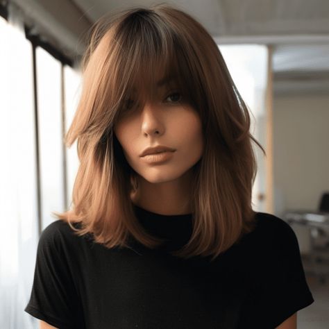 Short Layers with Long Curtain Bangs Lob Curtain Bangs Layers Straight, Long Bob With Fringes, Long Bob With Long Fringe, Short Hair With Bottleneck Bangs, Medium Length Brown Hair Balayage Curtain Bangs, Dark Lob With Bangs, Long Bob Bangs Hairstyles, Long Fringe Hairstyles Medium Lengths, Shoulder Length Hair With Fringe Bangs