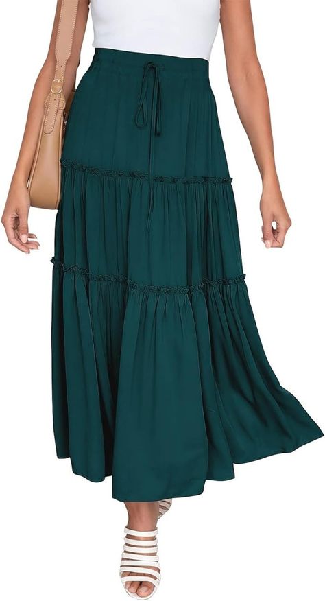 Amazon.com: NASHALYLY Skirts for Women Boho Elastic Waisted Drawstring Swing Ruched 3 Tiered Maxi Skirt with Pockets(White,M) : Clothing, Shoes & Jewelry Flowy Green Maxi Skirt With Elastic Waistband, Green Flowy Bohemian Maxi Skirt, Tiered Green Beach Skirt, Green Flowy Cotton Maxi Skirt, Maxi Skirt With Pockets, Beach-ready Boho Print Tiered Skirt, Tiered Maxi Skirt, Skirt With Pockets, Skirts For Women