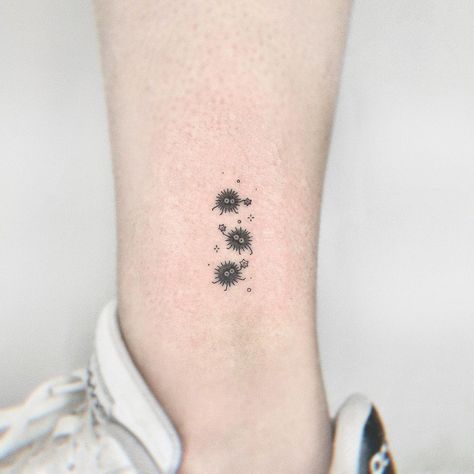 Ghibli Finger Tattoo, Tiny Soot Sprite Tattoo, Minimal Ghibli Tattoo, Ghibli Tiny Tattoo, Ghibli Dust Bunnies Tattoo, Studio Ghibli Dust Sprites Tattoo, Small Studio Ghibli Tattoo Ideas, Soot Spirit Tattoo, Studio Gibhili Tatoos