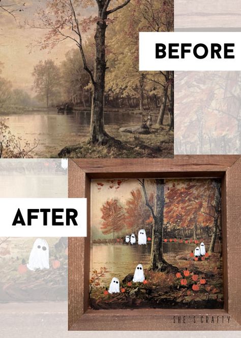 Before and After painting ghosts and pumpkins on printable. Painting Ghosts On Old Pictures, Paint Ghosts On Pictures, Ghostie Painting, Painting Ghosts On Thrifted Art, Ghost Painting Trend, Thrift Painting, Thrifted Halloween, Painting Ghosts, Ghost Painting Ideas