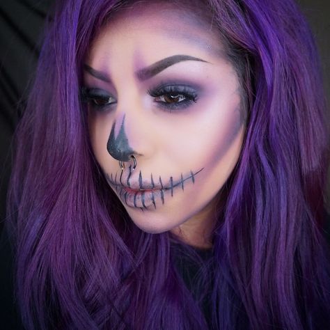 Halloween purple skull makeup look! Skeleton Makeup Purple, Fun Skeleton Makeup, Simple Witch Makeup Purple, Purple Skeleton Makeup, Halloween Costumes With Purple Hair, Purple Wig Costume Ideas Halloween, Purple Sugar Skull Makeup, Purple Hair Costume Ideas, Purple Skull Makeup