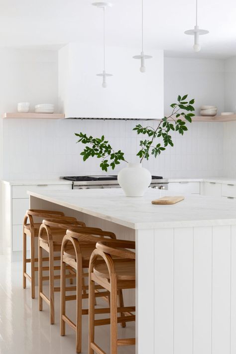 Modern Kitchen Counter Stools, White Wood Kitchen, White Kitchen Counters, Modern Kitchen Counters, White Wood Kitchens, Hampton Home, The Shade Store, Island Stools, Modern Counter Stools