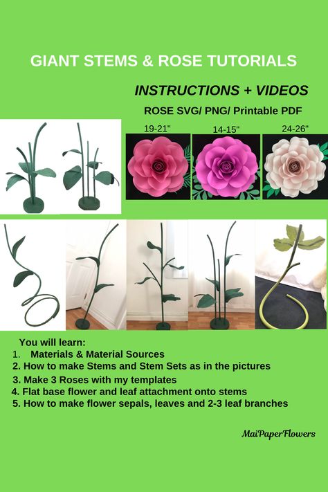 Giant Paper Flower Stems Tutorial, Large Paper Flower Stems, Free Standing Flowers Stand, Giant Flower Stand, Big Paper Flower Stems by MaiPaperFlowers on Etsy Giant Flower Stand, Paper Flower Stems, Big Bugs, Giant Paper Flower Tutorial, Large Paper Flower, Big Paper Flowers, Giant Paper Flowers Diy, Giant Paper Flowers Template, Flower Petal Template