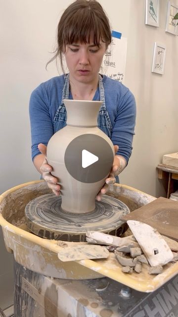 Ayla Mullen on Instagram: "Here's a glimpse into how I make choices about a developing form while throwing. Once the basic cylinder is thrown, with fairly even walls and most of the height I can get from the clay, I start to play with curves. Often what I have in my mind's eye ends up evolving once I'm playing in volumetric three dimensions. I take the time to step back and look at the form from a distance, to help me discern proportions, curvature, and what specific elements I want to adjust. In this video you can see me work through a few different rough shapes before settling on and refining the final form of this large vase.   I am becoming increasingly less interested in making refined reels that show a 'perfect' making process, with only the most flawless pulls making the edit. I fin Pottery Videos Techniques, Pottery Tutorials, Pottery Vases, Pottery Form, Pottery Videos, Cylinder Shape, Mind's Eye, Pottery Wheel, Large Pots