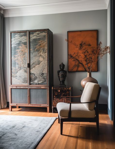 Contemporary Asian Furniture, Asian Western Interior Design, Asian Decor Interior Design, Asian Inspired Interior Design, East Asian Interior Design, Chinese Decor Asian Interior, New Chinese Style Interior, Asian Apartment, Asian Inspired Living Room