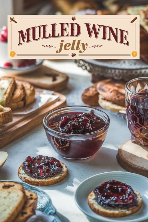 A spread of mulled wine jelly served on various bread slices and in a clear glass bowl, accompanied by other baked goods and a glass of mulled wine, with a decorative banner saying 'Mulled Wine Jelly'. Mulled Wine Jam, Mulled Wine Jelly, Wine Jelly Recipe, Mulled Red Wine, Wine Jam, French Vineyard, Wine Jelly, Spiced Wine, Homemade Jelly